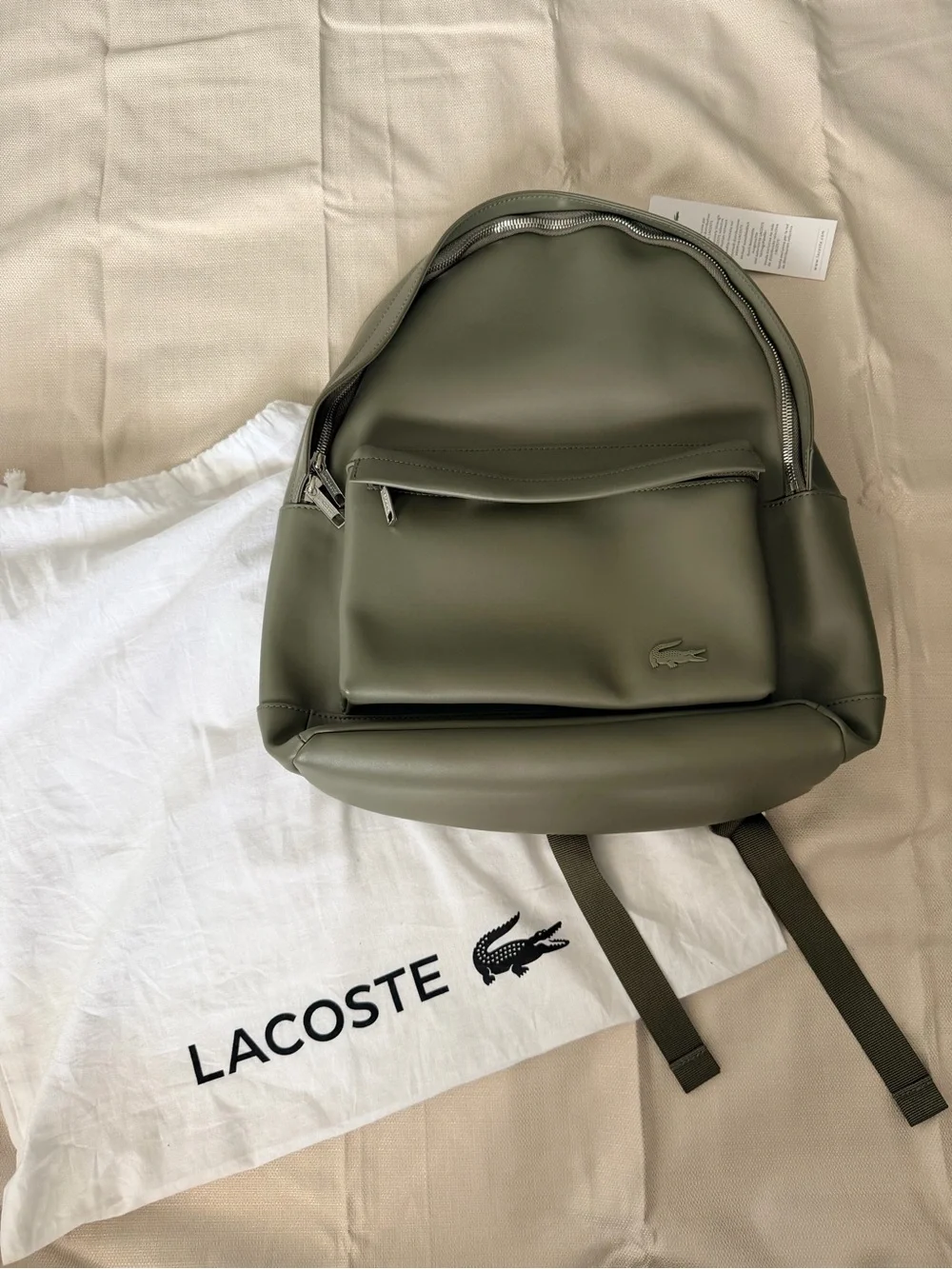 Lacoste Men's Khaki Green Smooth Leather Backpack